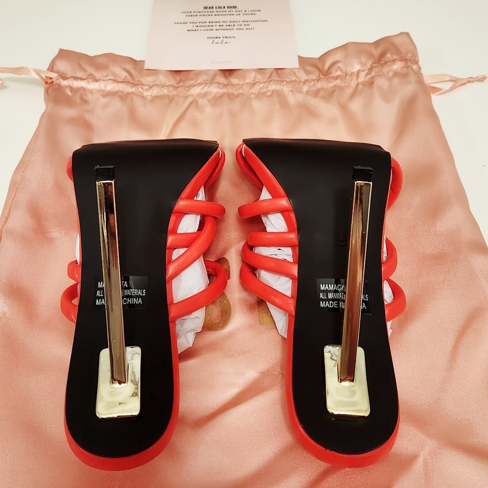 Miss Lola Red Strappy Square Toe High Heels with Gold Accents - Picture 6 of 8
